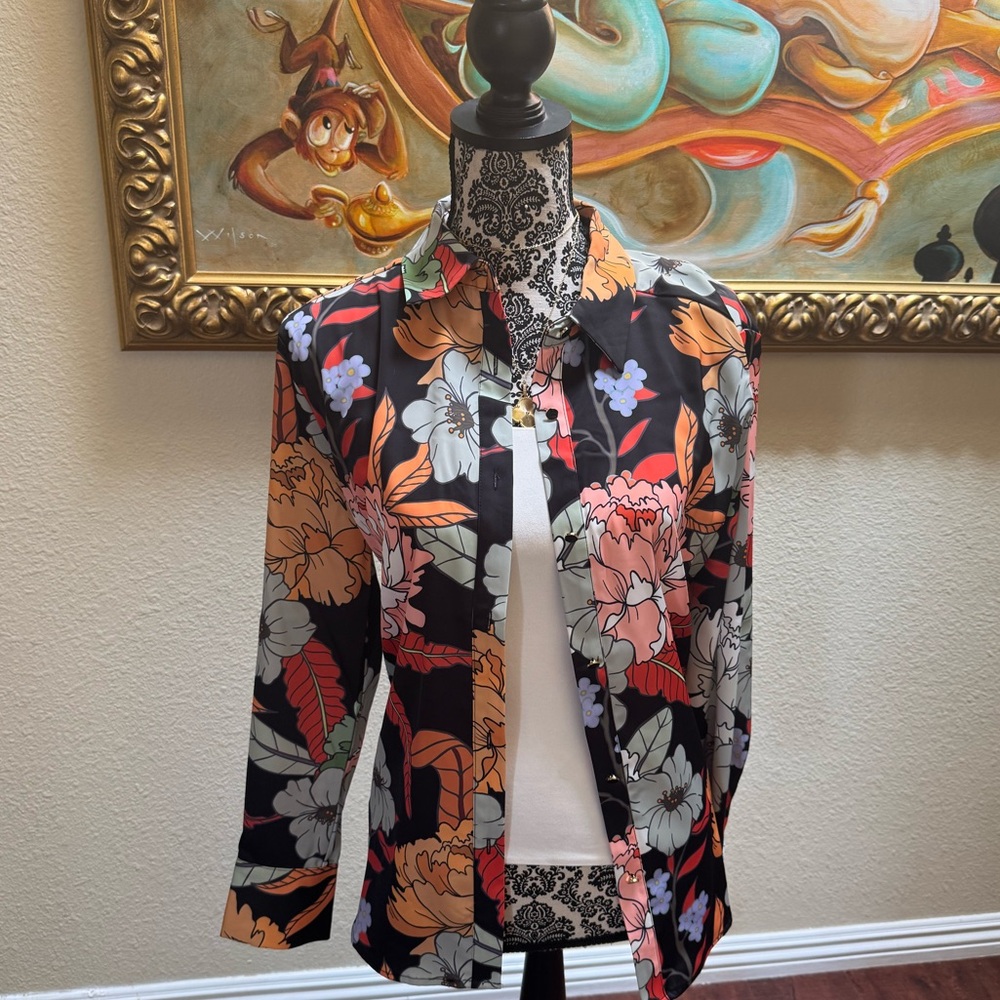 Rachel Zoe Women Medium Top Shirt Black Multicolor Floral Satin Finish NWT 🧡❤️💛🖤
